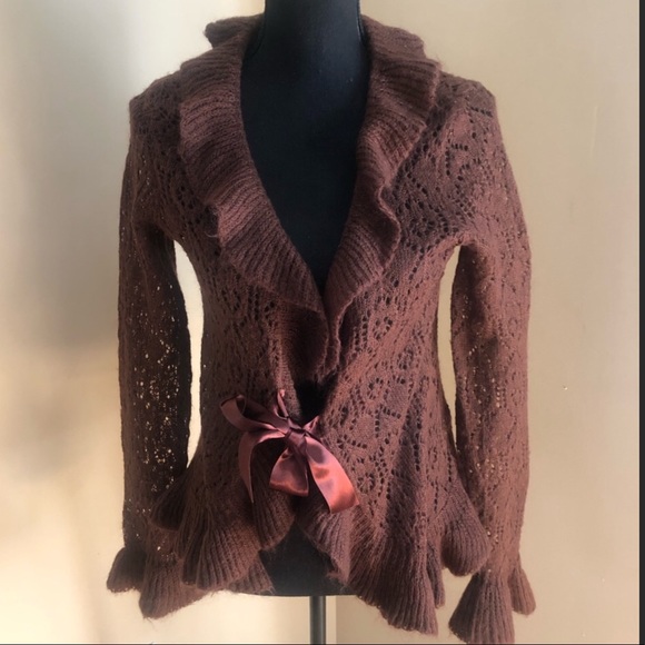 Sweaters - Brown Mohair crocheted ruffled cardigan sweater Sm